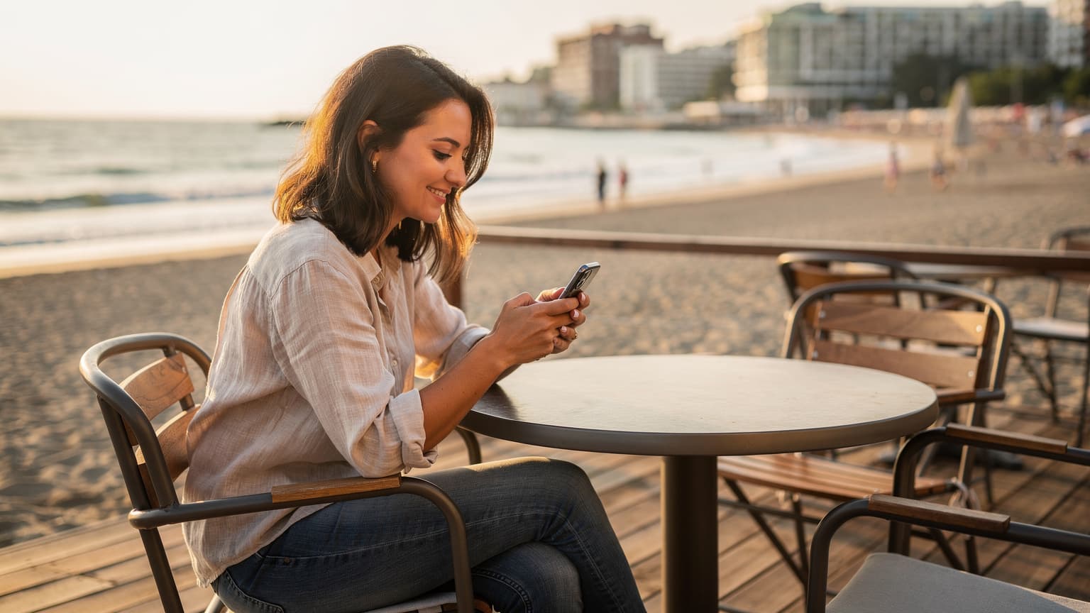 O tânără navighează pe telefonul mobil pe o terasă însorită cu vedere la mare, undeva pe litoralul bulgăresc, având o cafea lângă ea și palmieri în fundal, la apus.
