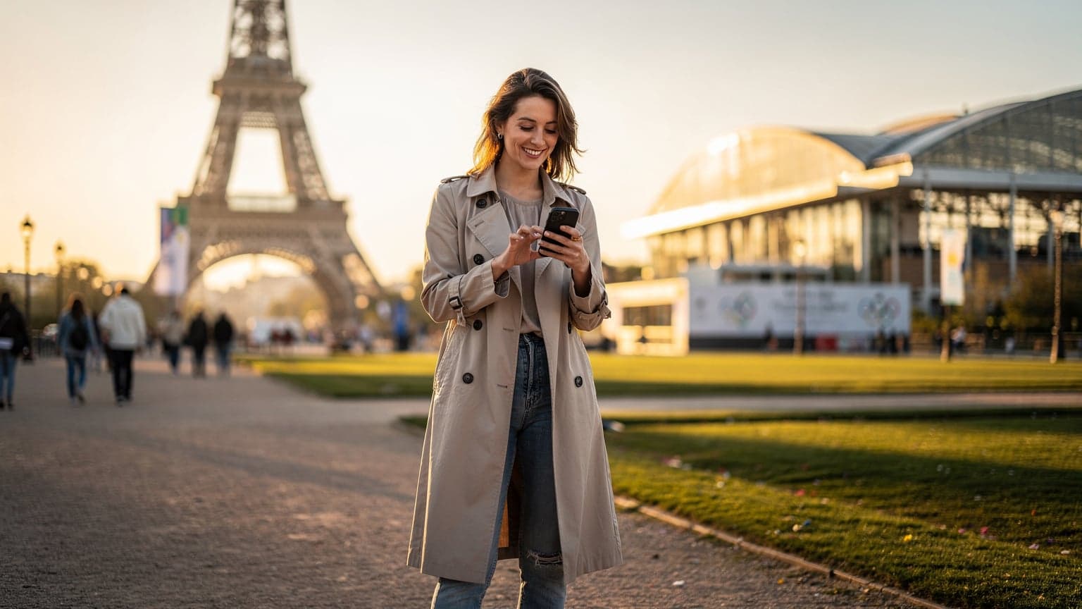 Une femme souriante, téléphone à la main, naviguant sur une carte des sites olympiques près de la Tour Eiffel, au coucher du soleil à Paris.