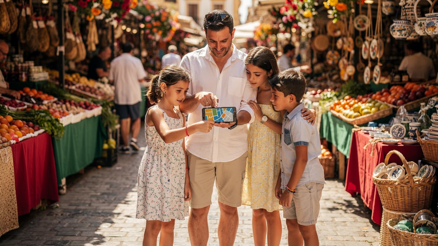 Una famiglia italiana, genitori e due bambini di circa 8 e 10 anni, sorride mentre controlla una mappa digitale su uno smartphone con eSIM attiva in un affollato mercato di Siviglia, Spagna, durante le vacanze di Ferragosto.