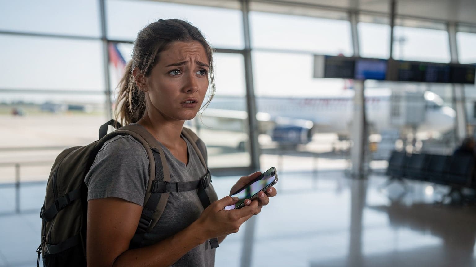 Een reiziger met een smartphone kijkt bezorgd naar een vertrekbord op een drukke luchthaven, terwijl de ochtendzon door de ramen schijnt.