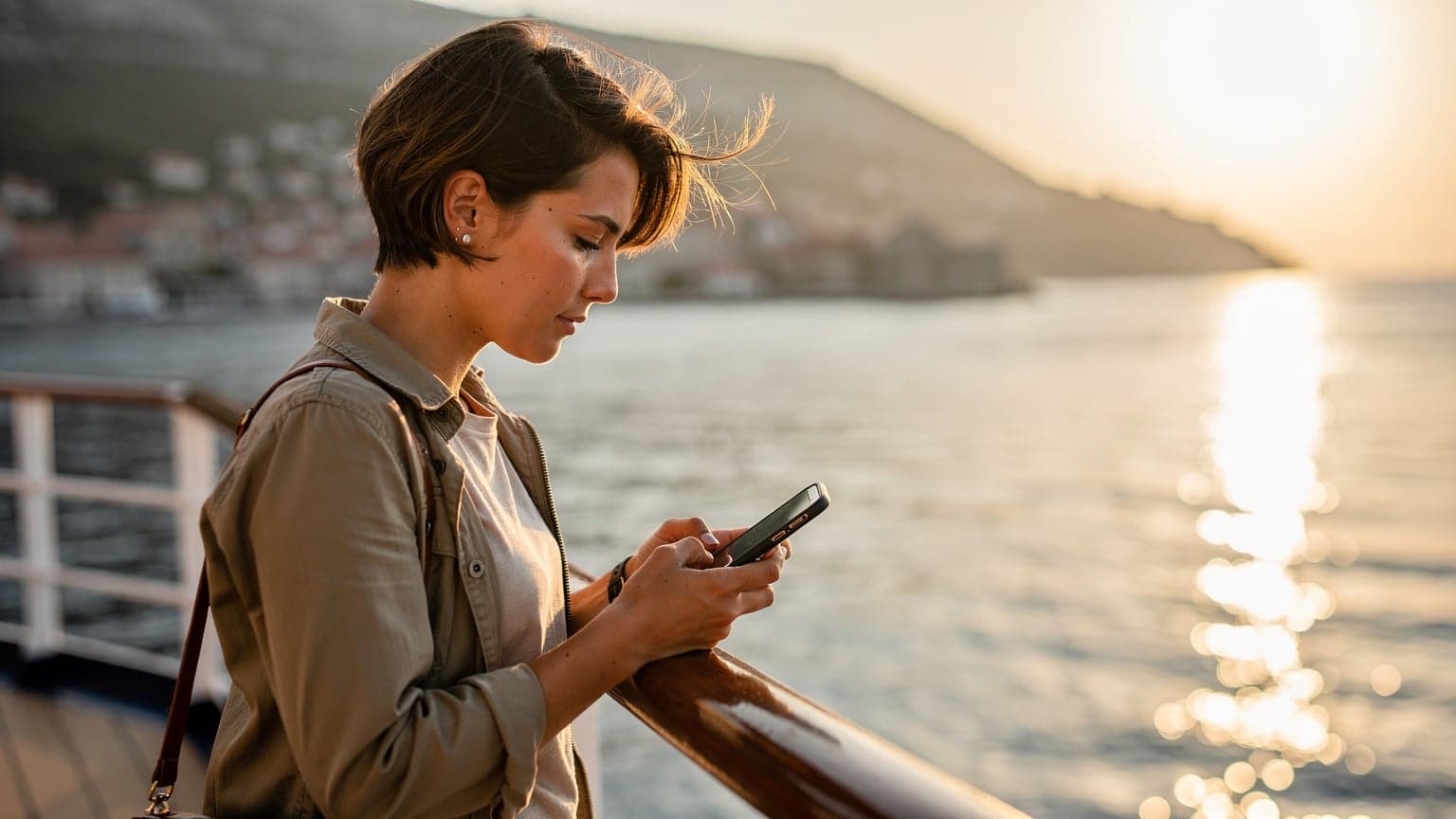 Eine junge Frau steht auf dem Deck eines Kreuzfahrtschiffes mit Blick auf die Adriaküste bei Sonnenuntergang und hält ihr Smartphone in der Hand, auf dem sie gerade etwas nachsieht.