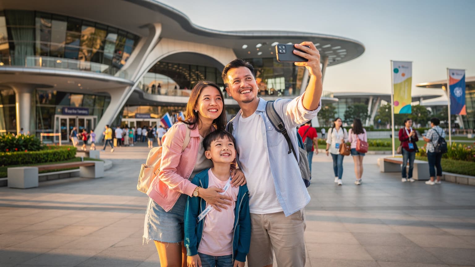 Một gia đình Việt Nam gồm bố mẹ và hai con nhỏ đang vui vẻ chụp ảnh selfie trước cổng một gian hàng triển lãm lớn tại World Expo 2026, với kiến trúc hiện đại và đám đông năng động phía sau, dưới ánh nắng chiều vàng ấm áp.
