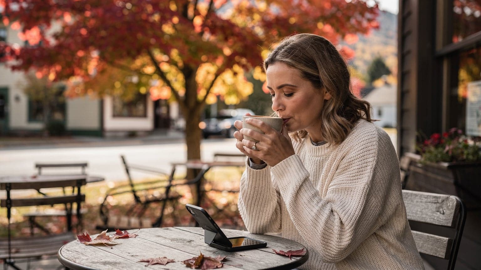 A woman sips coffee outside a charming New England cafe, surrounded by vibrant autumn trees, while checking her phone for directions.