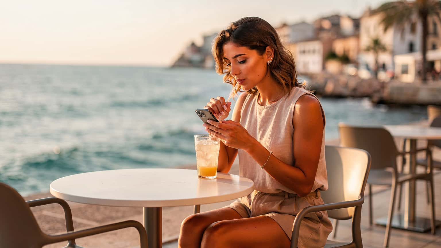 Una mujer sonríe mientras revisa su teléfono en una terraza soleada con vistas al mar Mediterráneo en la isla de Mallorca, España.