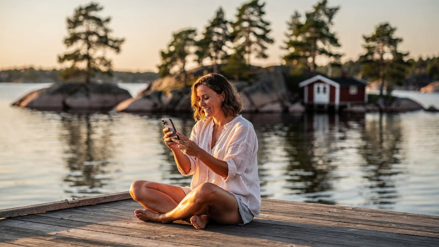 En kvinna sitter på en brygga i Stockholms skärgård under solnedgången, tittar på sin telefon med ett leende och en kopp kaffe bredvid sig.
