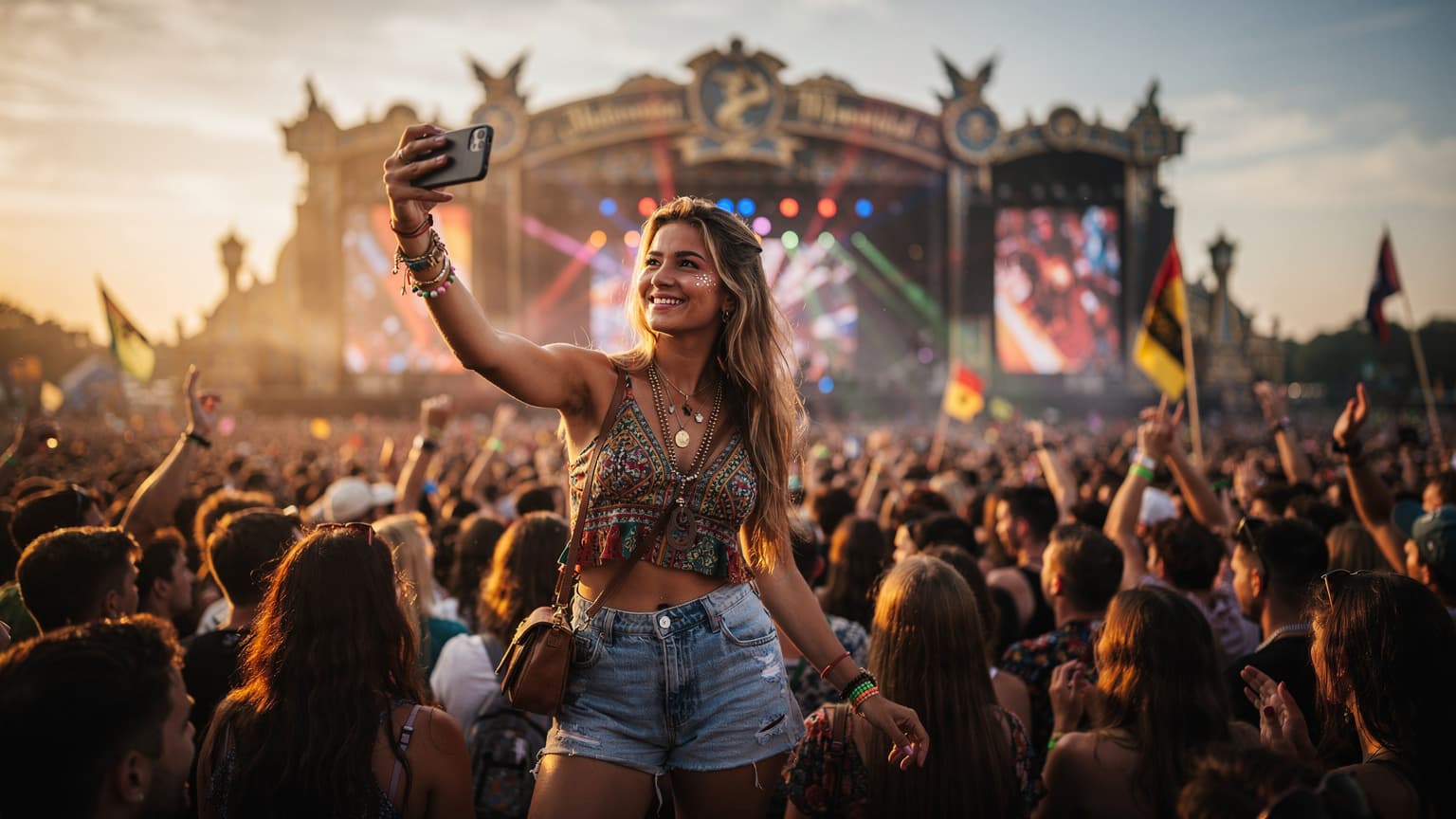 Tomorrowland festival alanında güneş batarken, kalabalığın ortasında telefonundan canlı yayın yapan genç bir kadın.