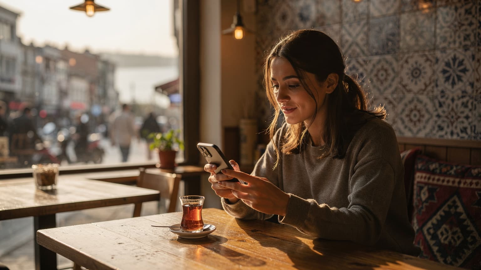 İstanbul'daki bir kafede, pencereden gelen altın rengi gün ışığında yeni iPhone 18'inde Cellesim eSIM profilini etkinleştiren bir dijital göçebe kadın.