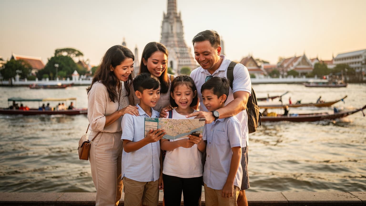Sebuah keluarga Malaysia tersenyum gembira sambil melihat peta digital di telefon pintar mereka, berdiri di hadapan Wat Arun yang megah di Bangkok, Thailand, dengan bot panjang tradisional melintasi Sungai Chao Phraya di latar belakang.