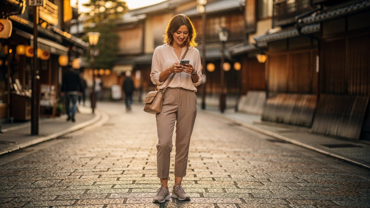 A woman confidently navigating her smartphone on a busy street in Kyoto's Gion district, with traditional wooden machiya houses and a soft evening glow in the background.
