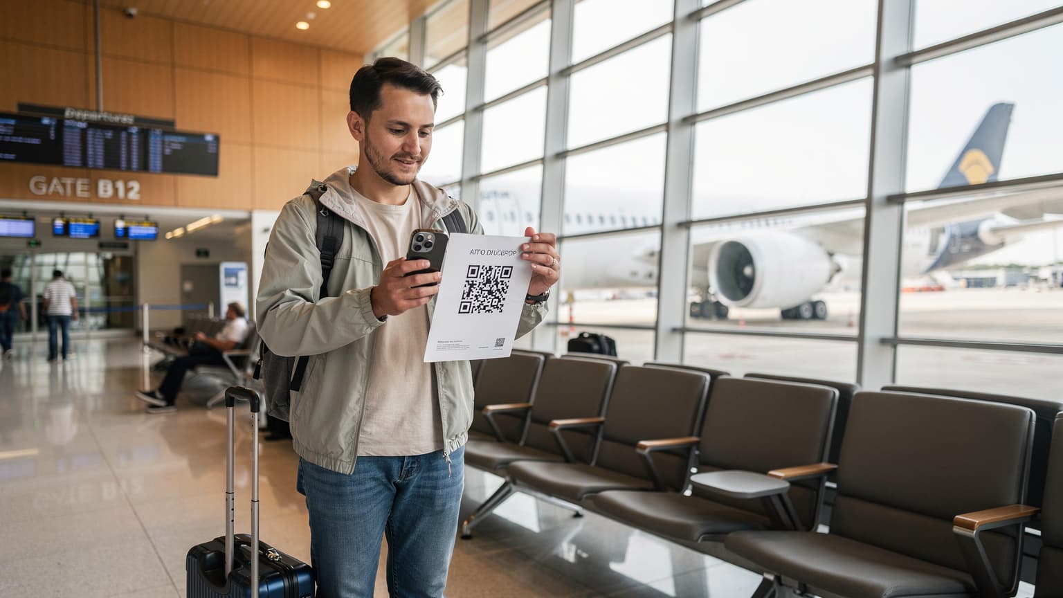 A person using their iPhone to scan an eSIM QR code at a brightly lit airport gate in Singapore Changi, with a Boeing 787 visible through the window.