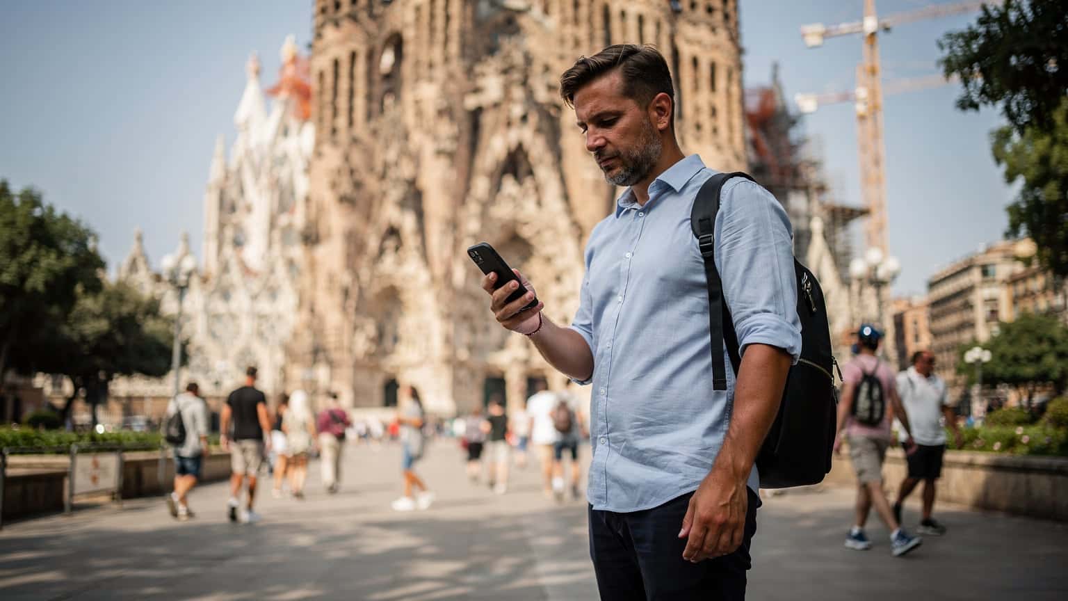 Un homme tenant un smartphone, naviguant sur une carte numérique devant la Sagrada Familia en construction, sous un ciel bleu clair à Barcelone.