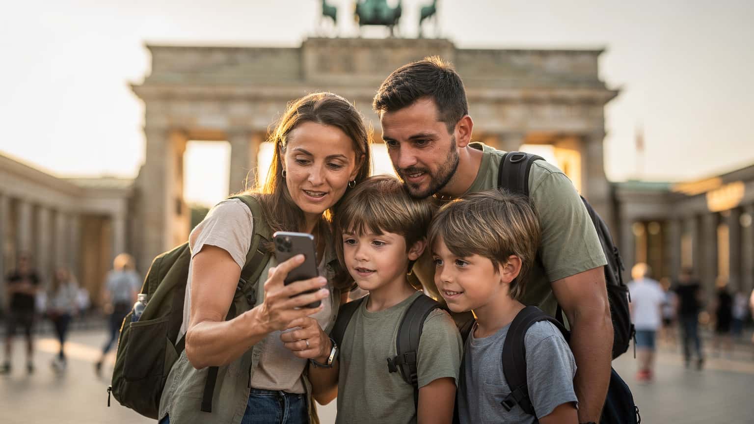 Eine Familie mit zwei Kindern betrachtet eine digitale Karte auf einem Smartphone vor dem Brandenburger Tor in Berlin bei Sonnenuntergang.