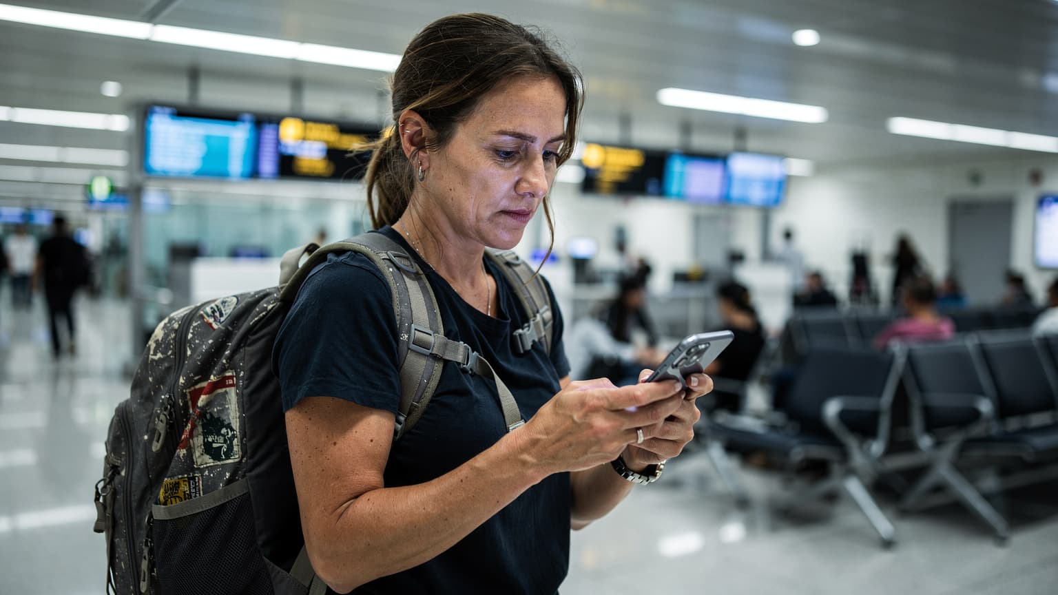 A woman with a backpack checks her phone for signal at the bustling Terminal 3 departure lounge in Changi Airport, Singapore, during an early morning layover.