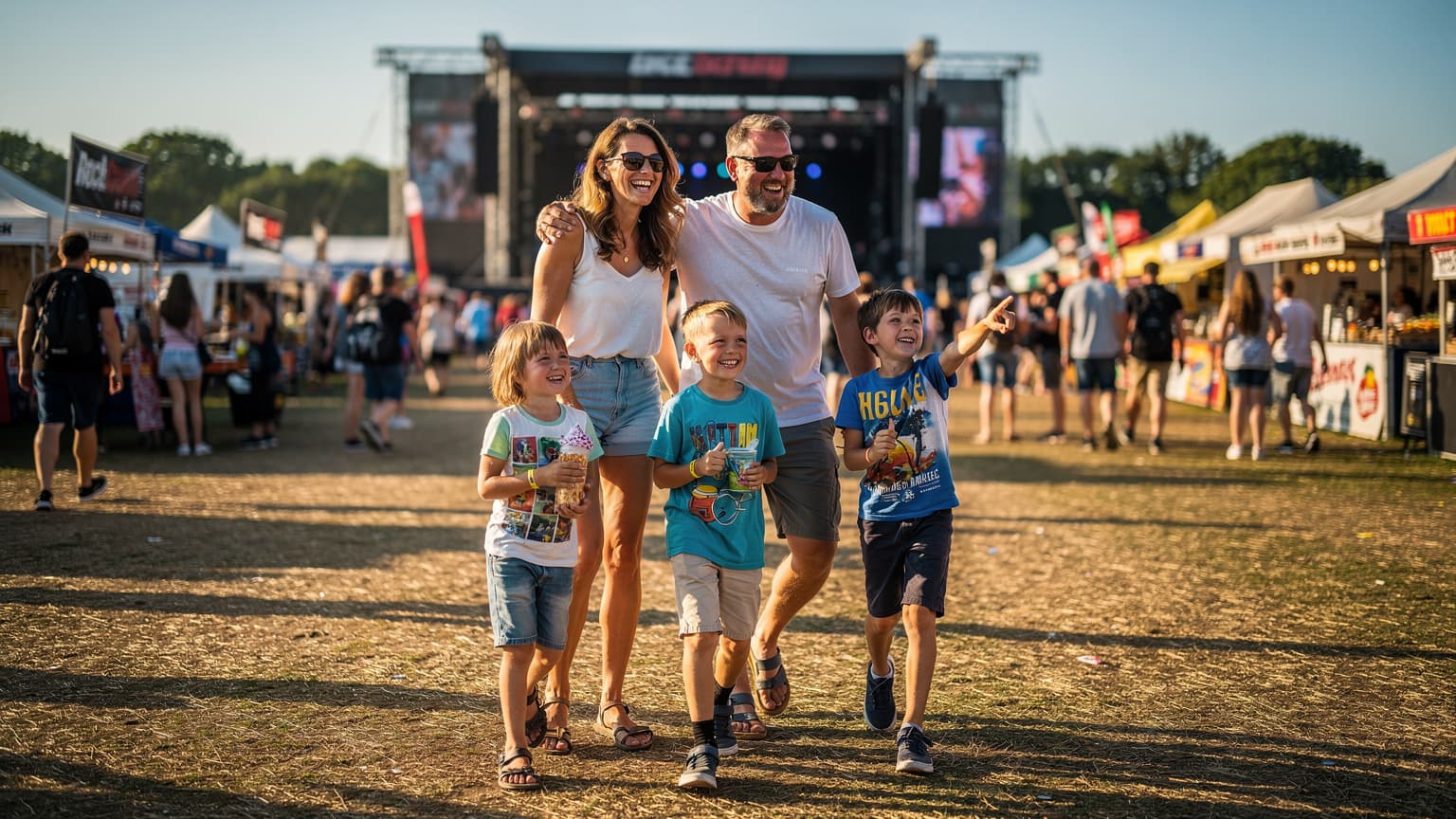 Eine Familie mit zwei Kindern, die lachend auf einem sonnigen Festivalgelände zwischen Zelten und Bühnen steht, während Musik im Hintergrund spielt.