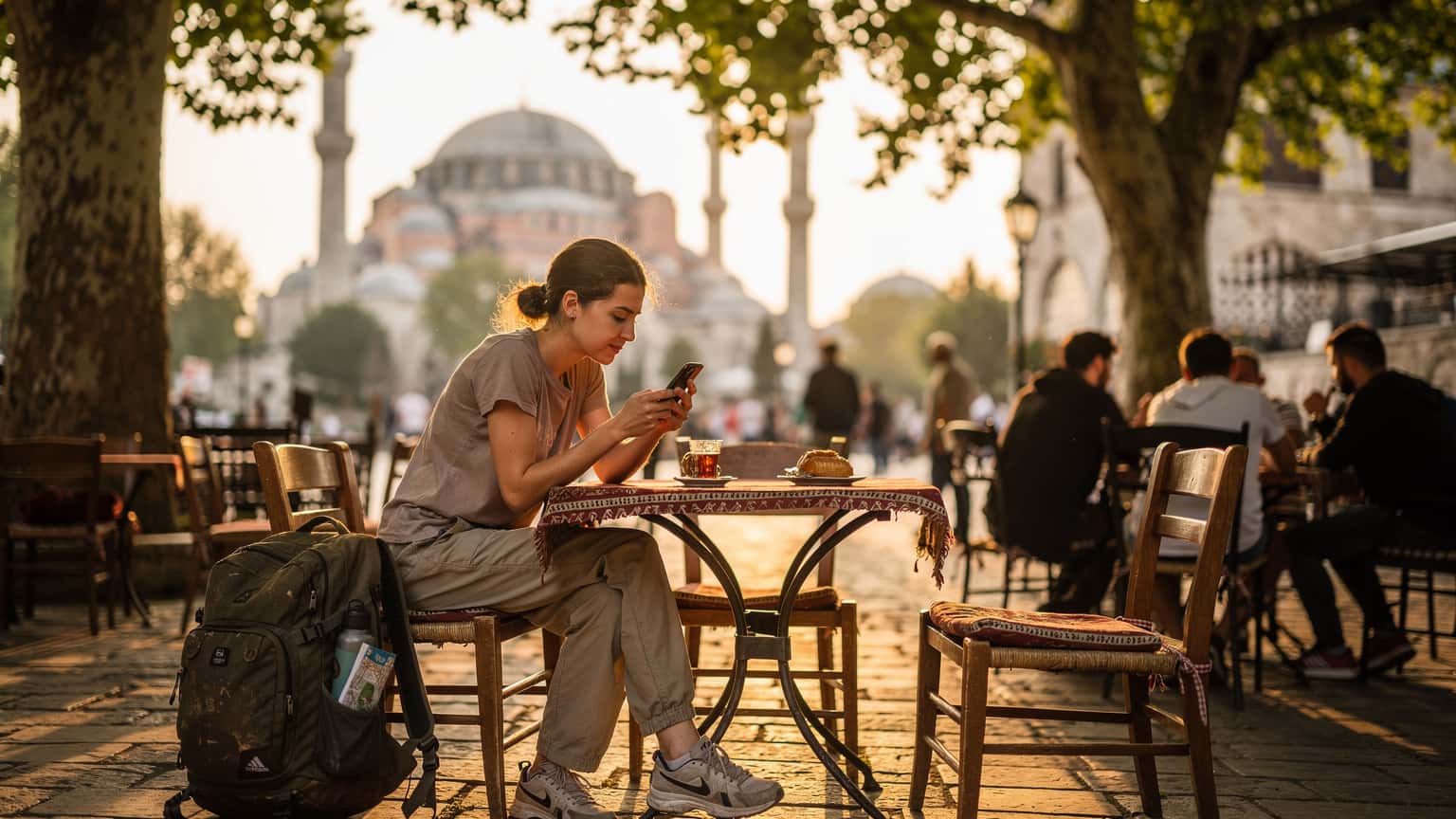 İstanbul Sultanahmet Meydanı'nda, bir kafede kahve içerken telefonunda eSIM kurulumu yapan genç bir backpacker.