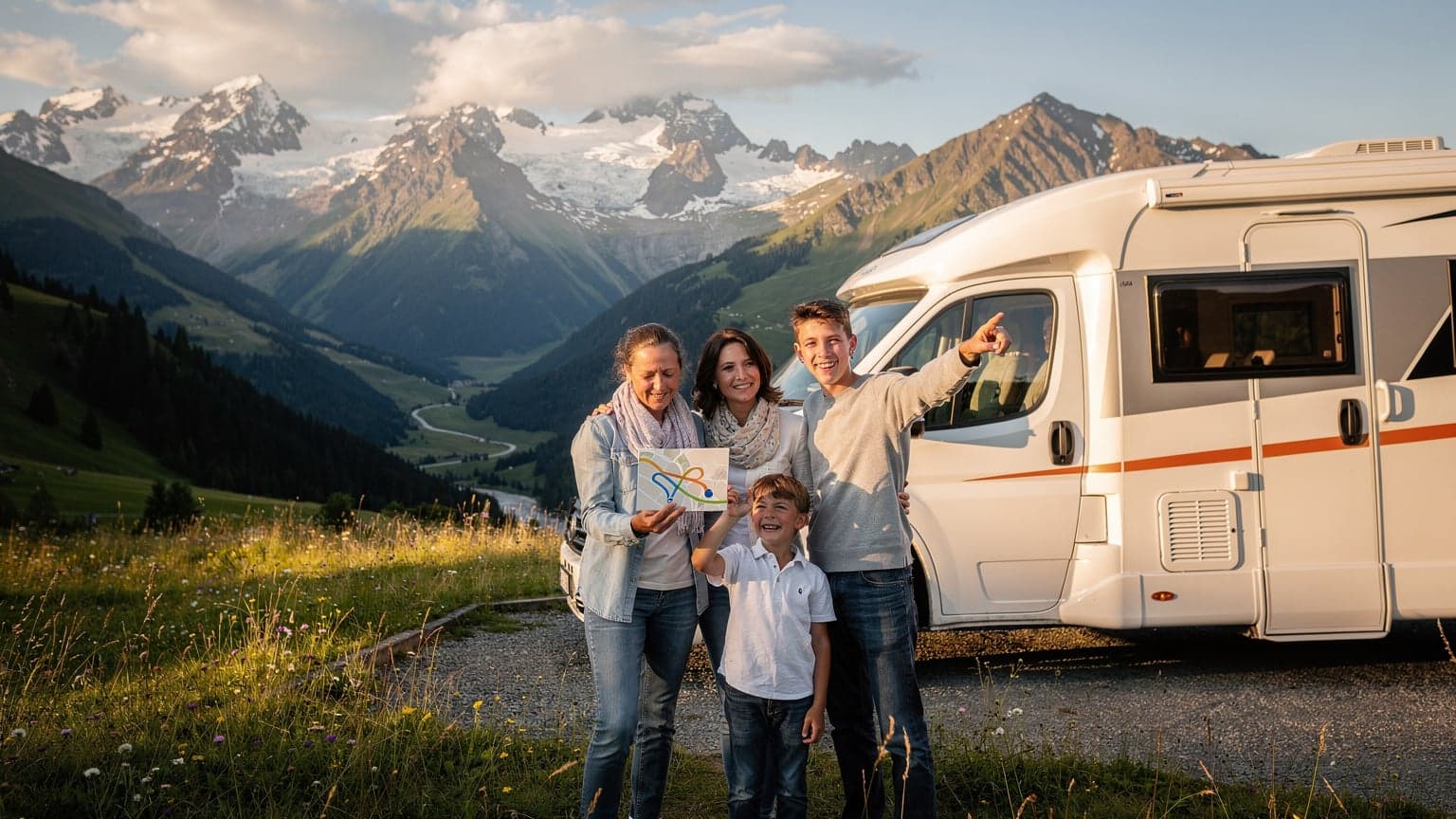 Een modern Nederlands gezin in een camper op een idyllische plek in de Franse Alpen, de vader houdt een smartphone vast met een kaart erop, met bergen op de achtergrond en een lichte zonsondergang.