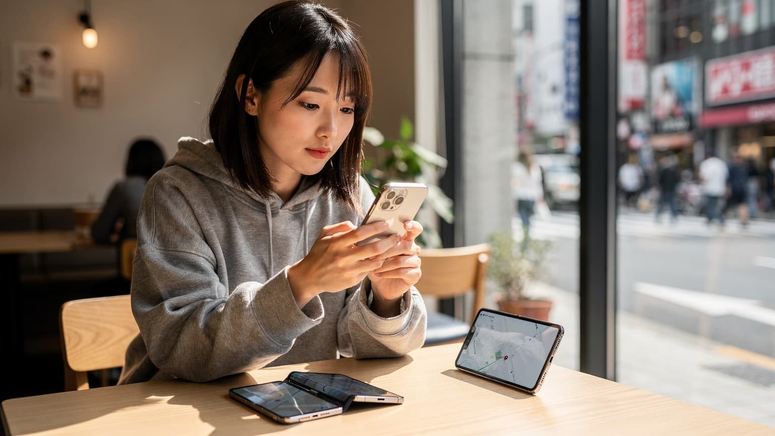 最新のiPhone 18とSamsung Galaxyスマートフォンが並べられ、背景には活気ある東京の街並みがぼやけて見える。旅行者がそれぞれのデバイスを手に持ち、eSIM設定をチェックしている様子。
