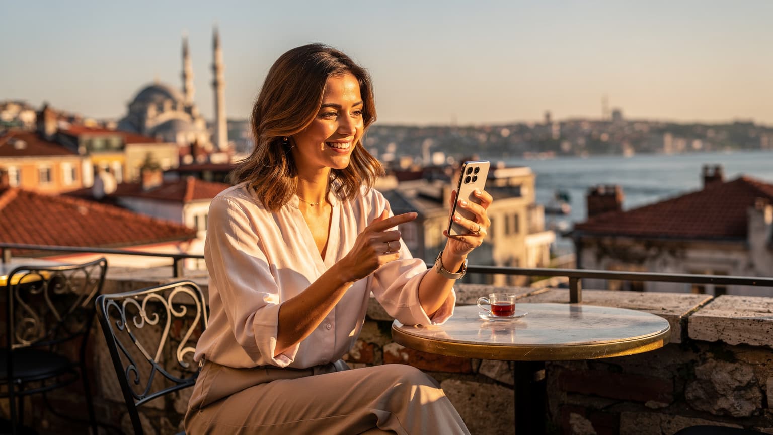 O tânără zâmbitoare folosește un Samsung S24 Ultra pentru a naviga pe o hartă digitală, stând la o masă pe o terasă însorită cu vedere la Bosfor, în Istanbul.