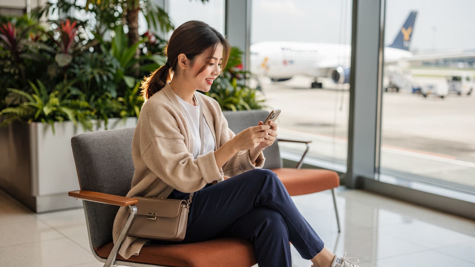 Một phụ nữ Việt Nam trẻ tuổi đang kiểm tra iPhone của mình tại sân bay Changi, Singapore, với hành lý xách tay bên cạnh.