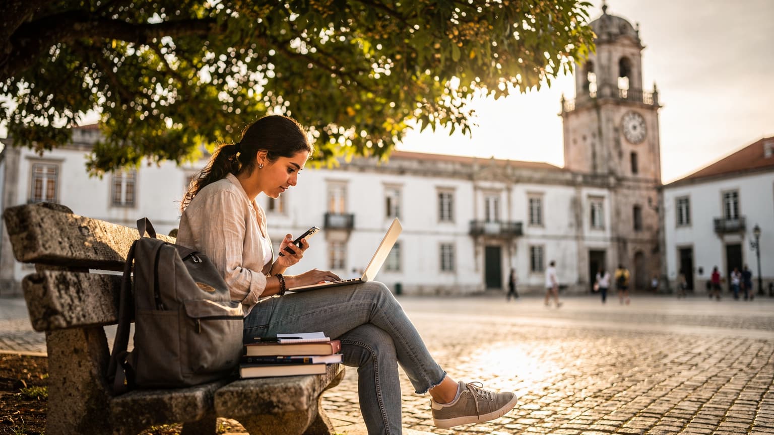 Uma estudante sentada num banco de jardim na Universidade de Coimbra, a usar o seu laptop e smartphone, com a torre da universidade ao fundo, sob a luz suave do fim da tarde de setembro.