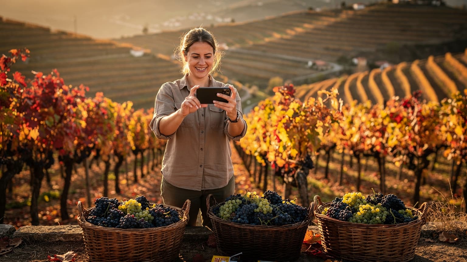 Uma mulher sorridente, com cabelos castanhos claros, segura um smartphone enquanto participa de uma vindima tradicional portuguesa, com cestos de uvas ao fundo e vinhedos coloridos pelo outono.