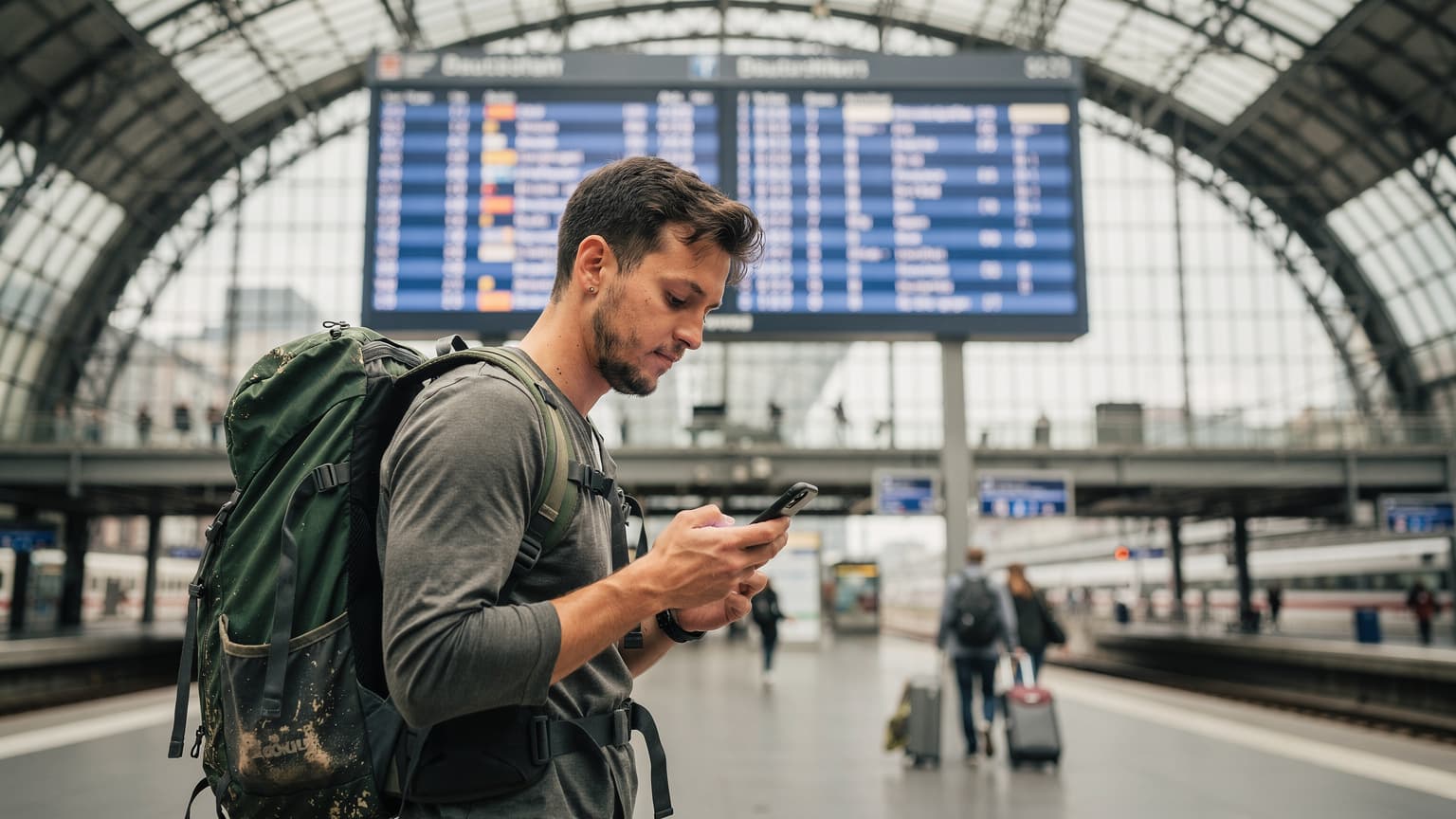 A young traveler with a worn backpack checks their smartphone at a busy train station in Berlin, looking for the right platform, with other passengers blurring in the background.