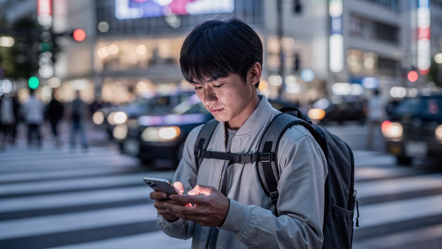 東京の渋谷スクランブル交差点を背景に、スマートフォンでeSIMの設定を確認する旅行者のクローズアップ。