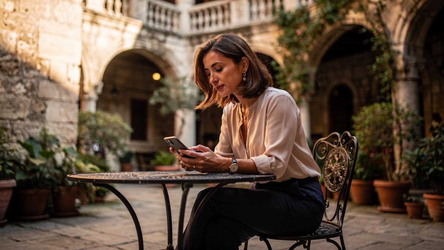 İstanbul'daki tarihi bir hanın avlusunda, elinde iPhone'uyla eSIM kurulum ekranına bakan bir kadın.