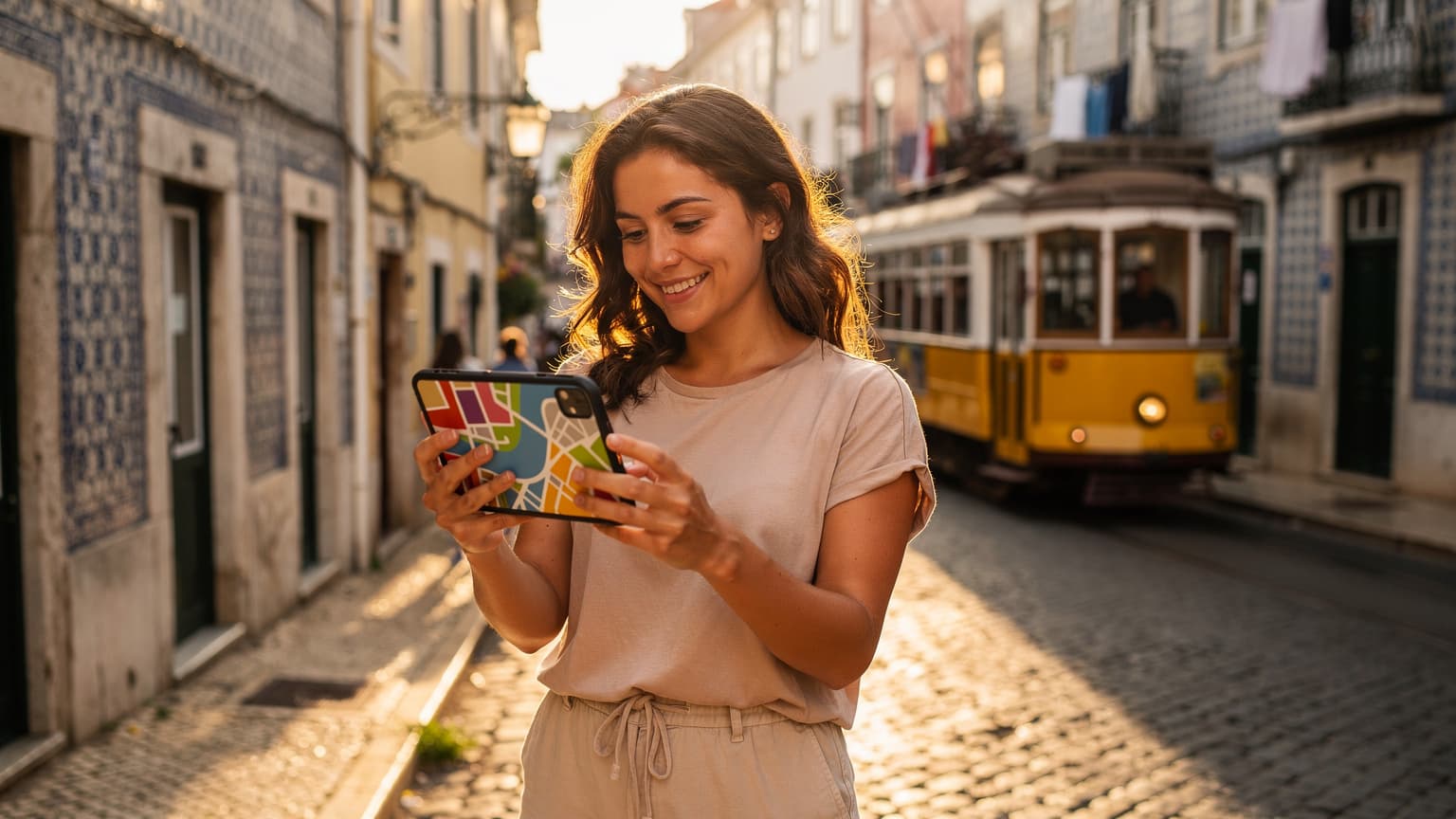 Młoda kobieta z uśmiechem przegląda mapę na smartfonie, stojąc na tle historycznej fasady w dzielnicy Alfama w Lizbonie, z tramwajem 28 w tle, w słoneczne popołudnie.