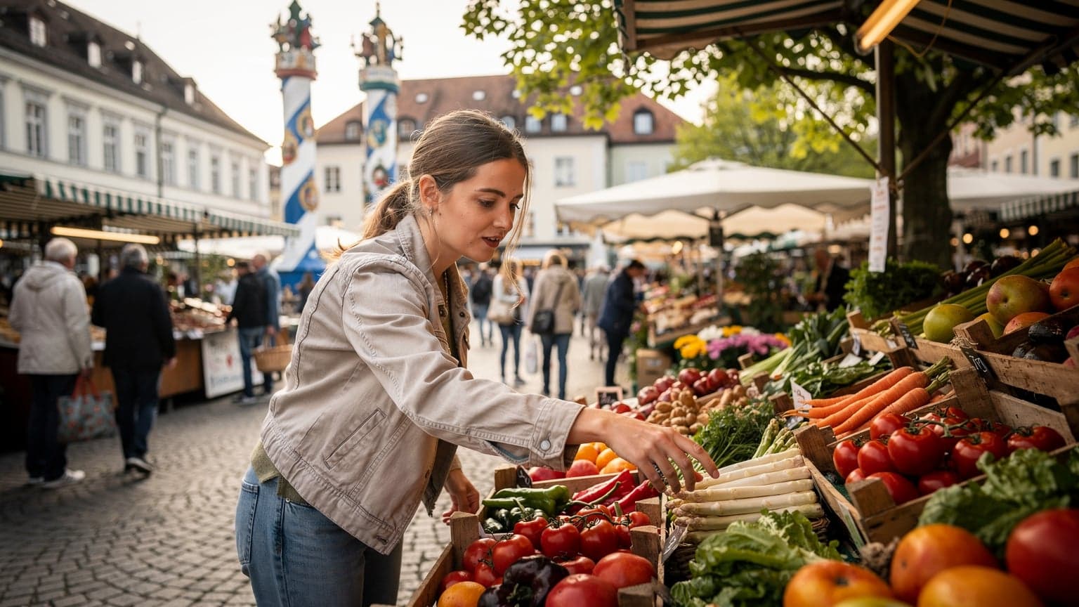 Münih'in Viktualienmarkt'ında yerel ürünleri inceleyen bir kadın, arka planda geleneksel Alman mimarisi ve canlı pazar atmosferi.