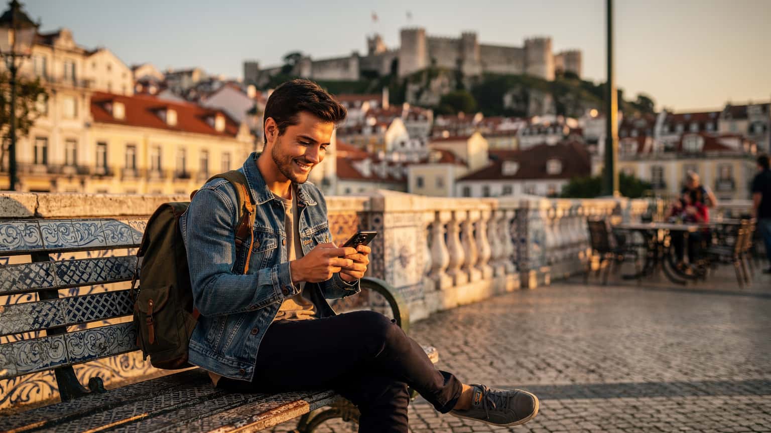 Un giovane backpacker italiano consulta il suo smartphone con una eSIM attiva, seduto su una panchina in una piazza storica di Lisbona al tramonto, con il Castelo de São Jorge in sottofondo.