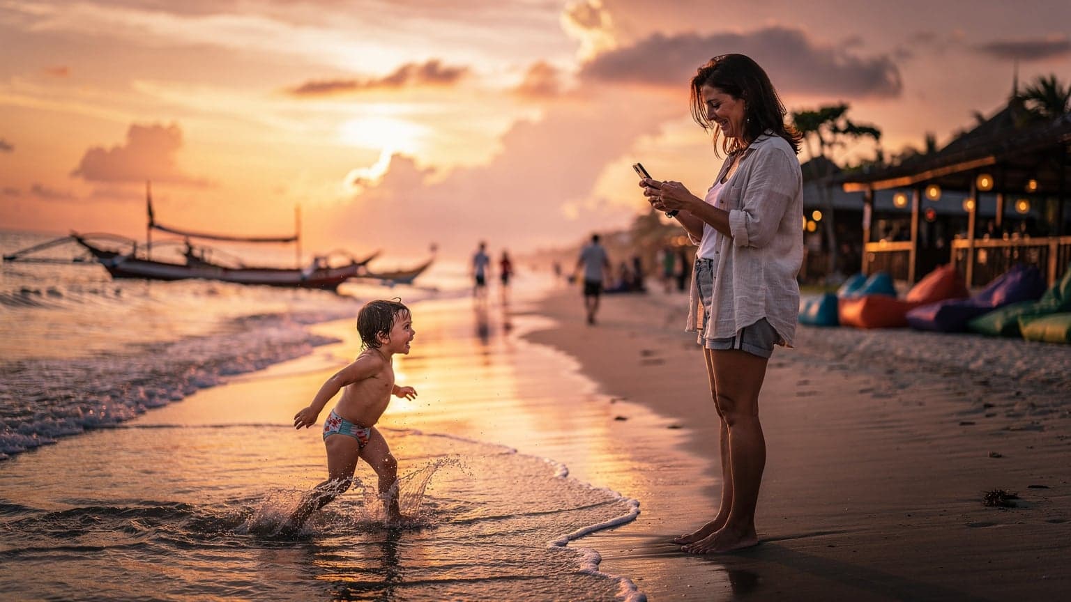 Seorang ibu tersenyum sambil memegang ponselnya, merekam momen anaknya bermain di tepi pantai Seminyak, Bali, saat matahari terbenam dengan latar belakang siluet perahu nelayan.