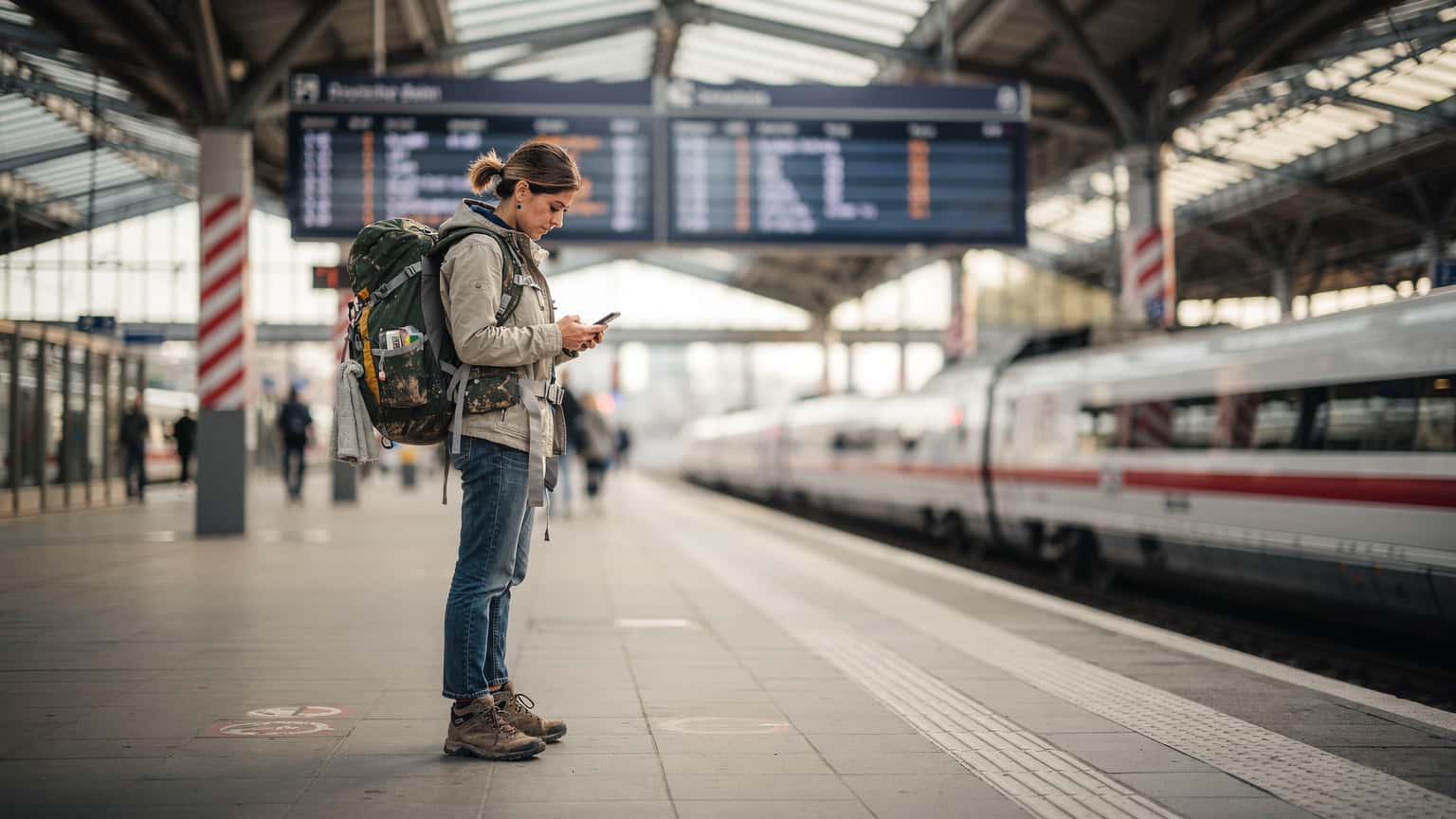 Una viajera con una mochila, consultando su teléfono inteligentemente mientras espera en el andén de una estación de tren Deutsche Bahn en Berlín, con un cartel de destino de tren al fondo.
