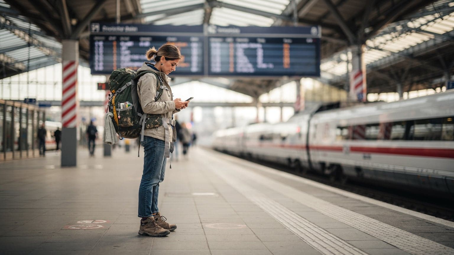 Una viajera con una mochila, consultando su teléfono inteligentemente mientras espera en el andén de una estación de tren Deutsche Bahn en Berlín, con un cartel de destino de tren al fondo.
