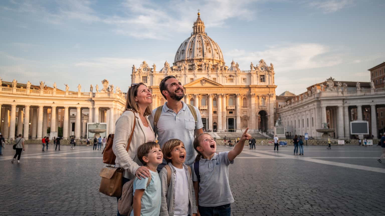 A family with two children, ages 8 and 10, looking up at the dome of St. Peter's Basilica in Vatican City, with expressions of awe and wonder on their faces.