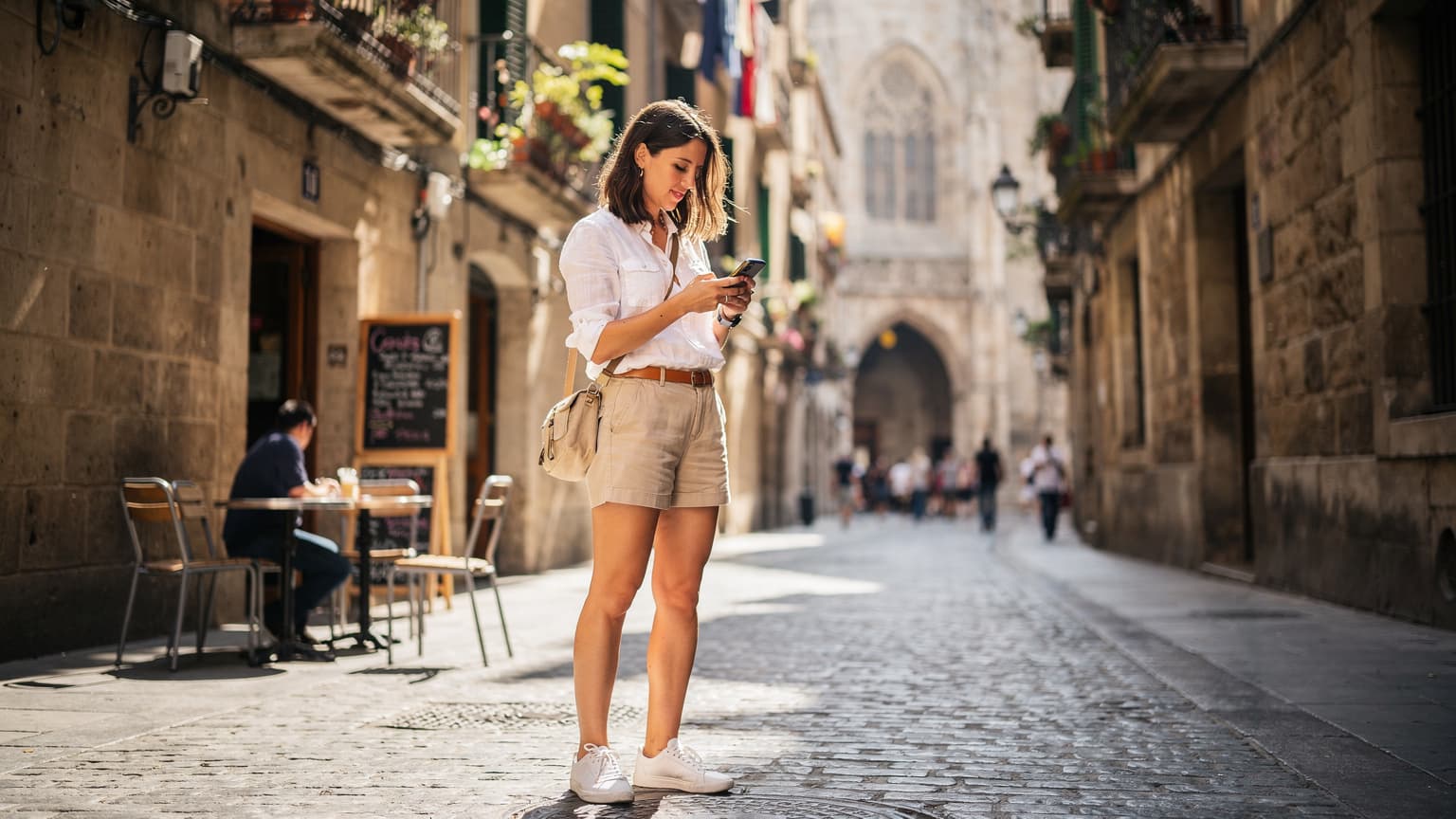 Barcelona'da Güneşli Bir Öğleden Sonra, Elinde Akıllı Telefonla Harita Uygulamasına Bakan Bir Kadın.