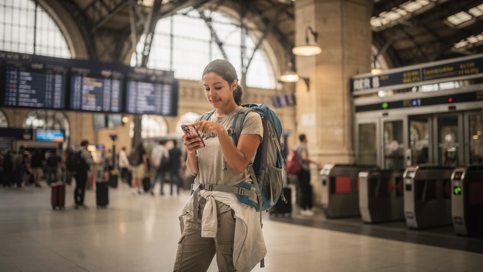 Una viajera con una mochila pequeña consulta su teléfono móvil en la estación de tren Gare du Nord en París, con los carteles de los trenes al fondo y una sonrisa de alivio.