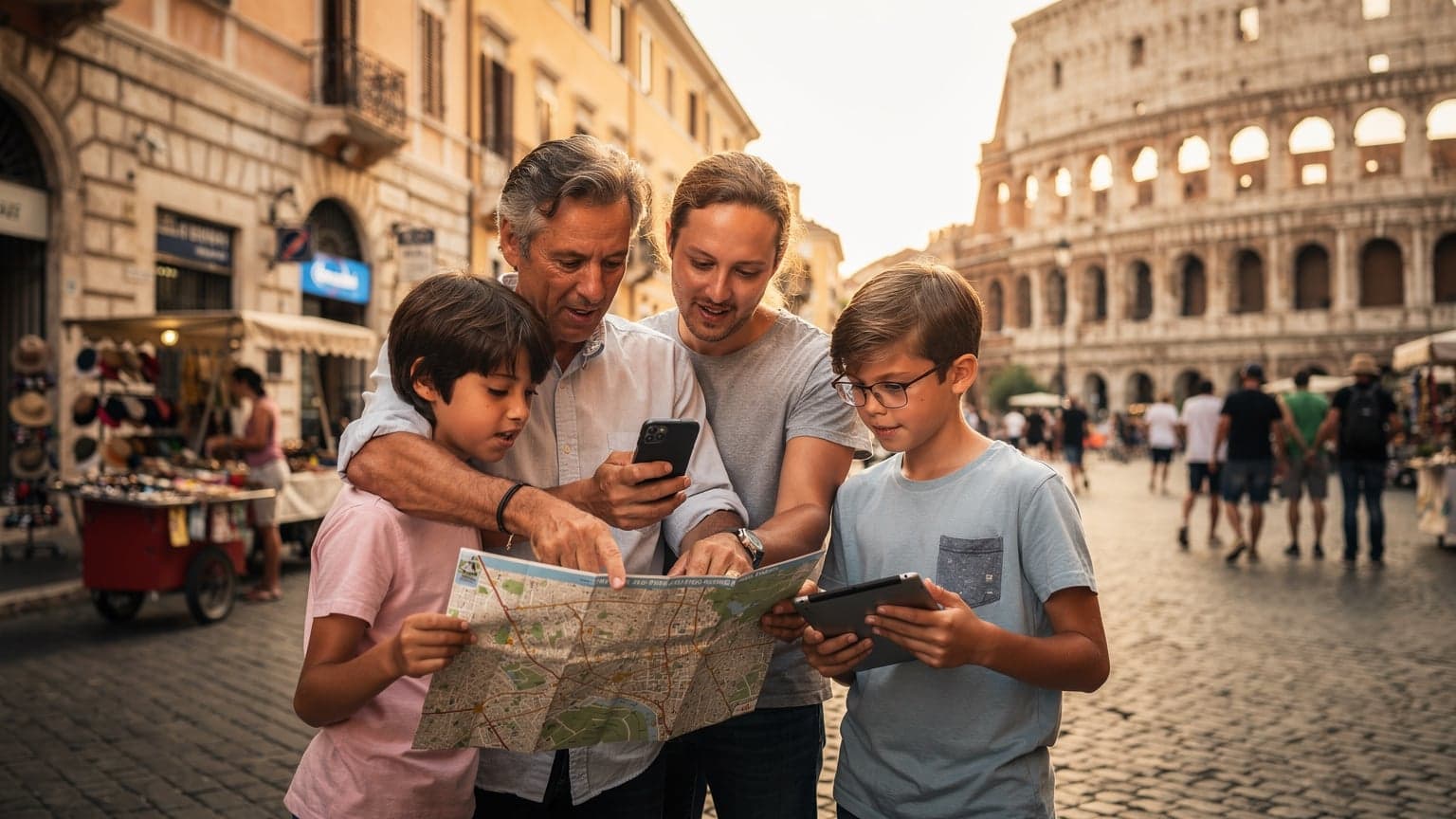 A family, parents and two children, looking at their phones and a map on a bustling street in Rome, Italy, near the Colosseum, planning their route.