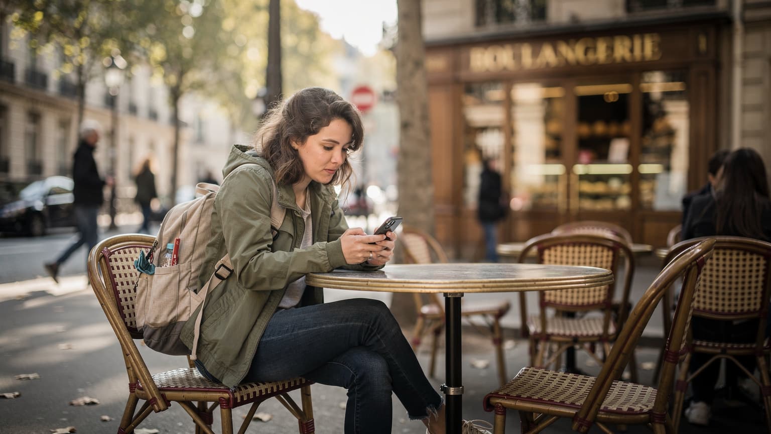 Une jeune femme, l'air concentré, tient son smartphone à deux mains sur la terrasse animée d'un café parisien typique, devant une boulangerie et des passants. Elle vérifie ses données eSIM.