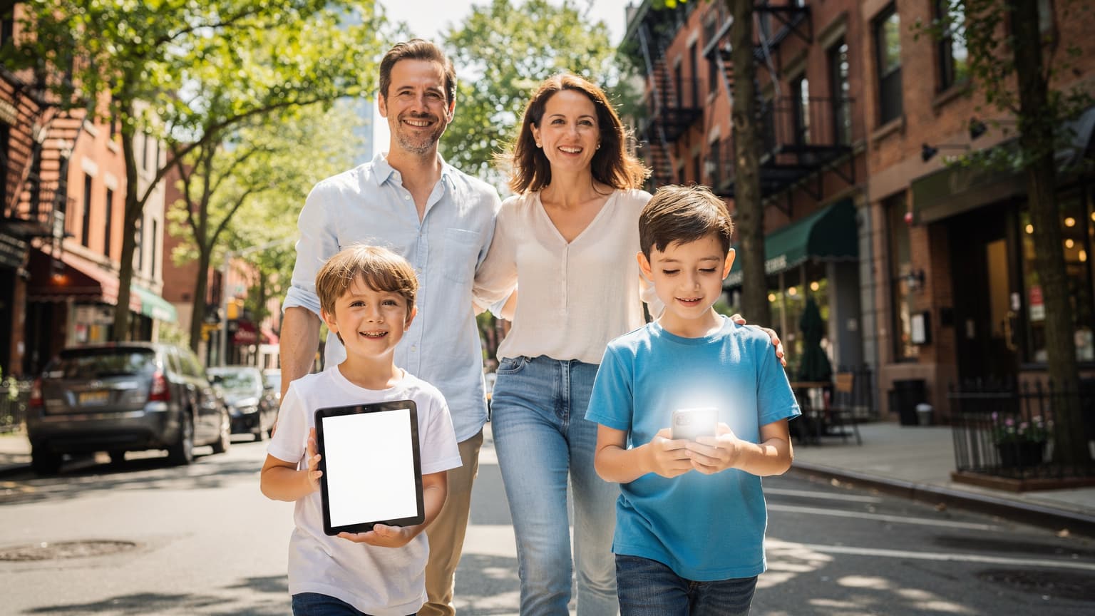 Una famiglia, composta da due adulti e due bambini di circa 8 e 10 anni, cammina sorridendo lungo un marciapiede alberato nel quartiere di Brooklyn a New York, con edifici in mattoni rossi sullo sfondo, mentre un bambino tiene in mano un tablet e l'altro guarda un telefono.