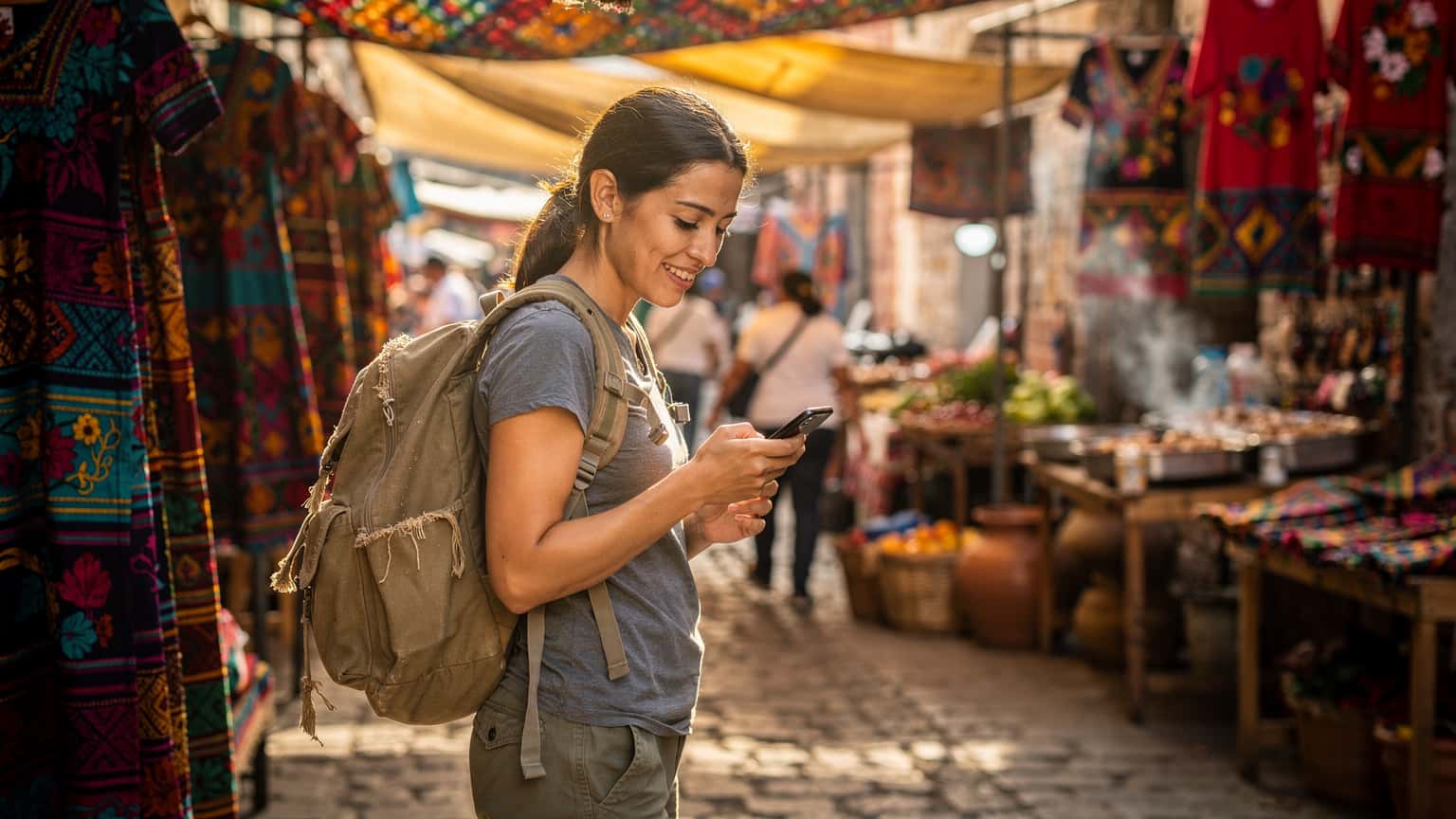 Una viajera con mochila sonríe mientras revisa su teléfono en un mercado callejero vibrante en Oaxaca, México, con coloridos textiles de fondo.