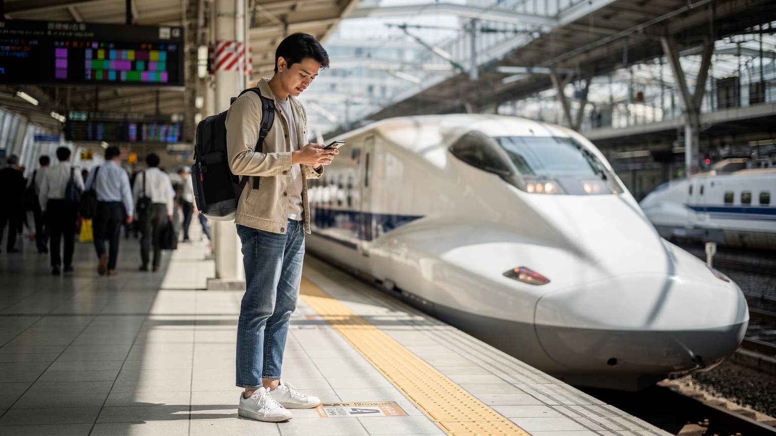 Seorang pengembara muda Malaysia sedang memeriksa telefonnya di platform Stesen Tokyo yang sibuk, dengan latar belakang kereta api Shinkansen dan papan tanda elektronik, membandingkan pilihan eSIM untuk perjalanannya.