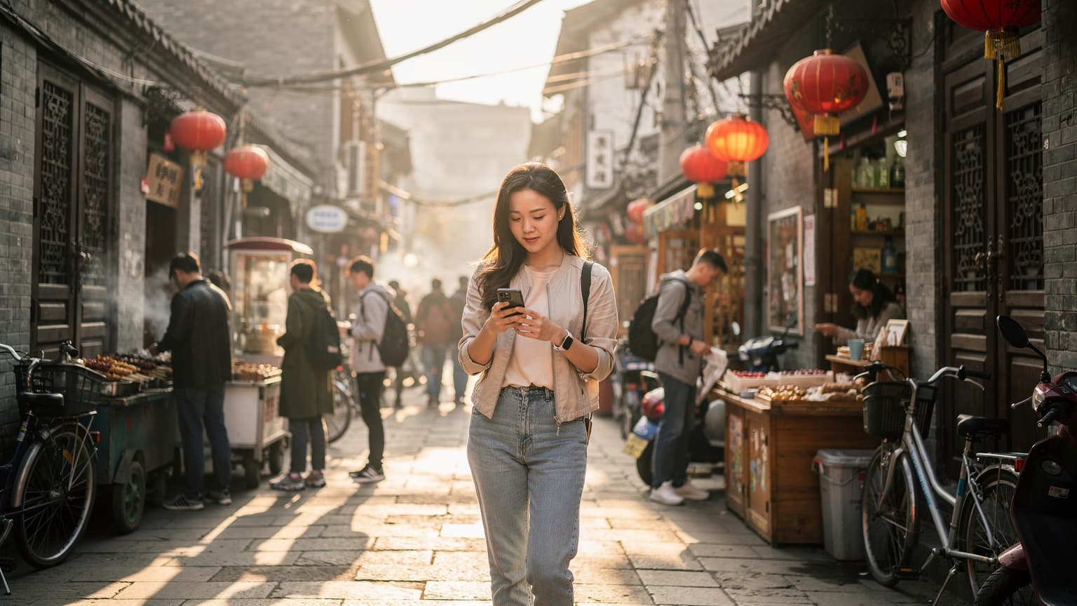 一名女性旅客在北京南鑼鼓巷的胡同裡, 手持手機查看地圖, 背景是古老的四合院和熙熙攘攘的人群。