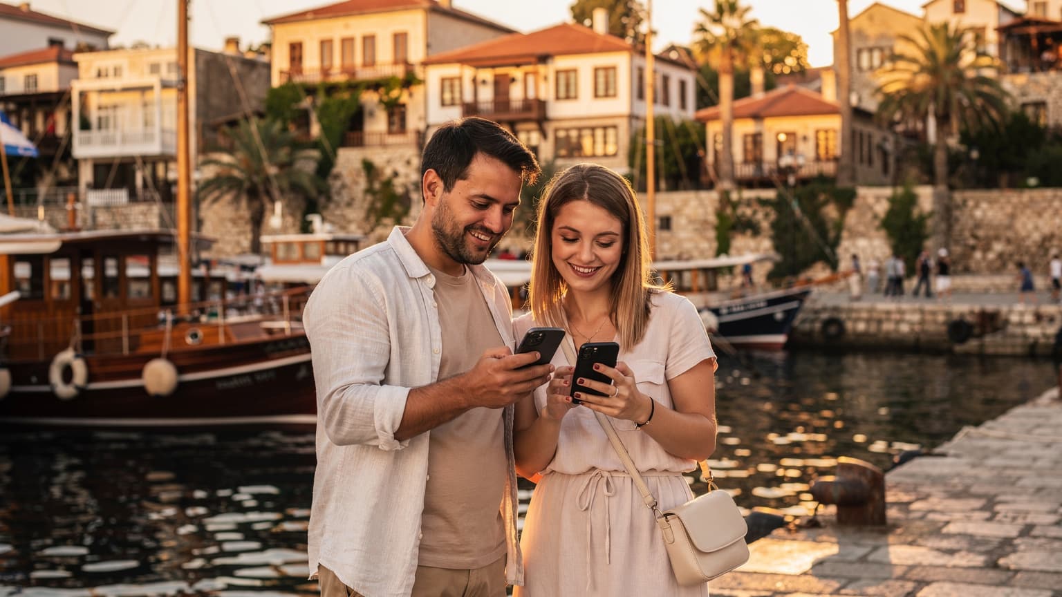 Российская пара улыбается, держа в руках смартфоны с активированной eSIM, на фоне живописной набережной в Анталье с яхтами и историческими зданиями на закате.