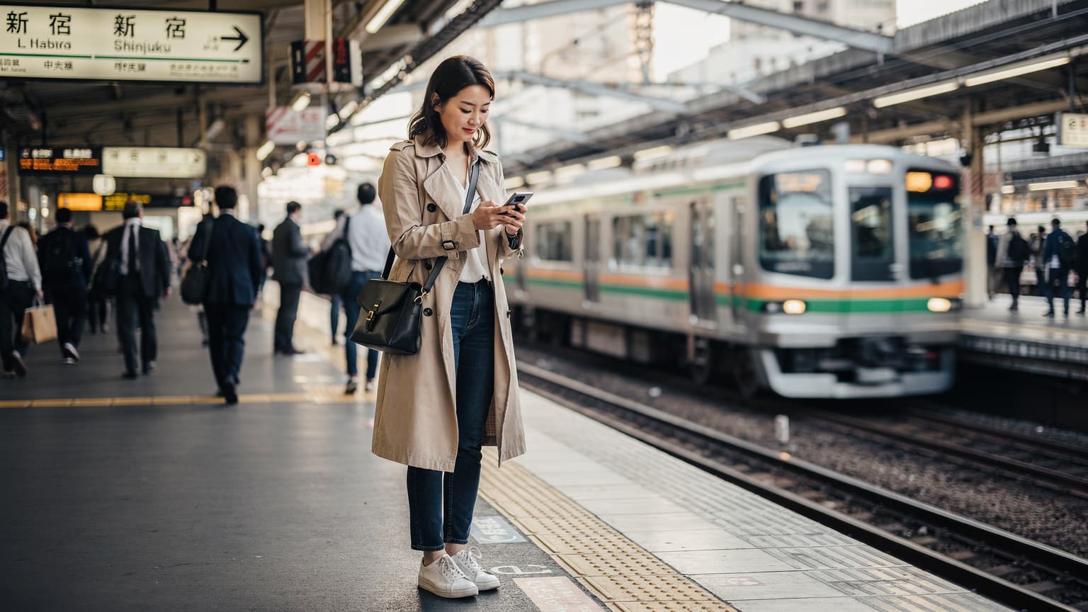 A woman confidently looking at her phone at a bustling train station in Tokyo, with the iconic green and white JR East logo visible in the background, a suitcase at her feet.