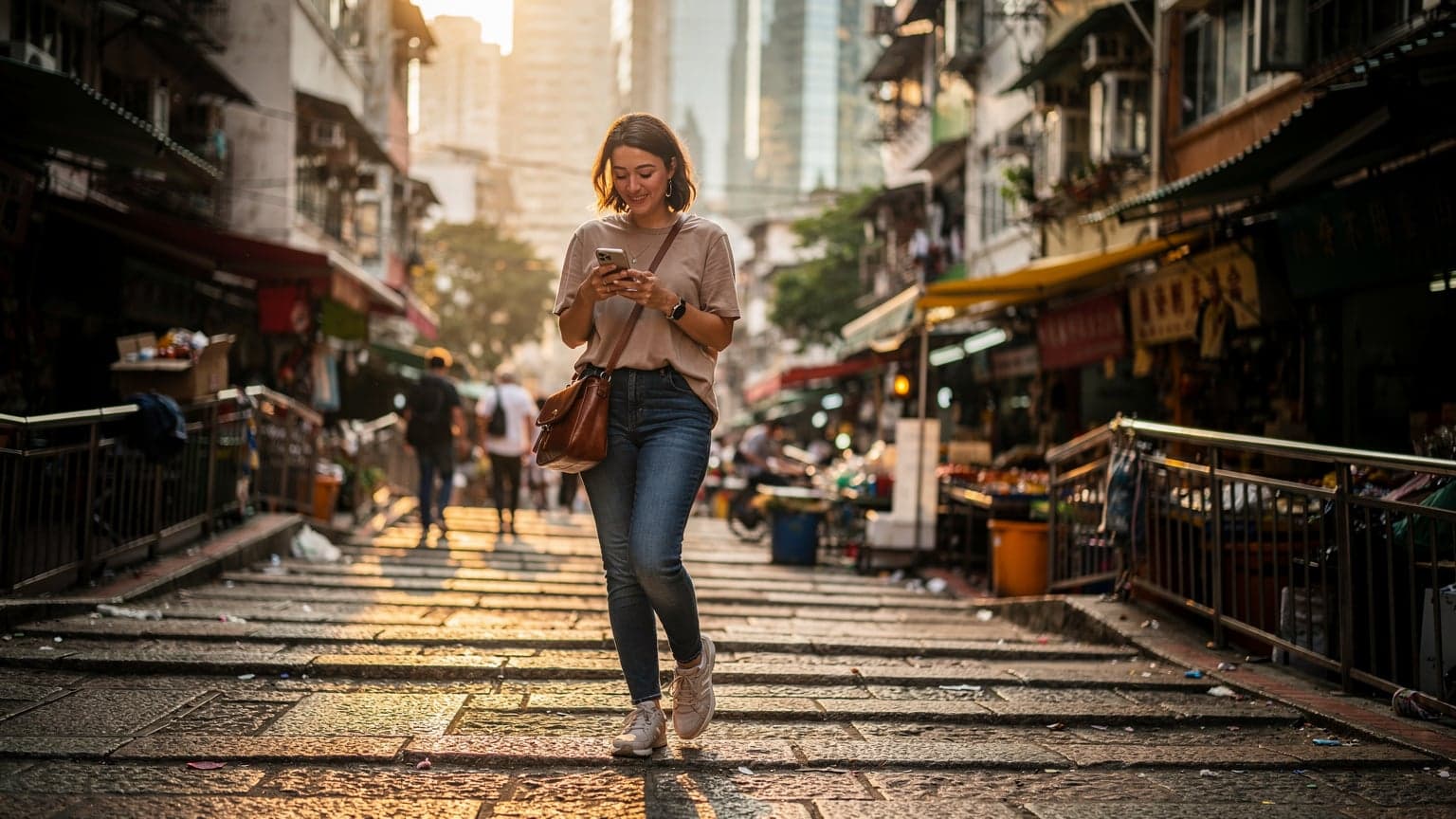 一位旅客在中環石板街上使用手機導航,背景是香港獨特的舊式唐樓與現代高樓交織的街景,陽光透過建築縫隙灑下。