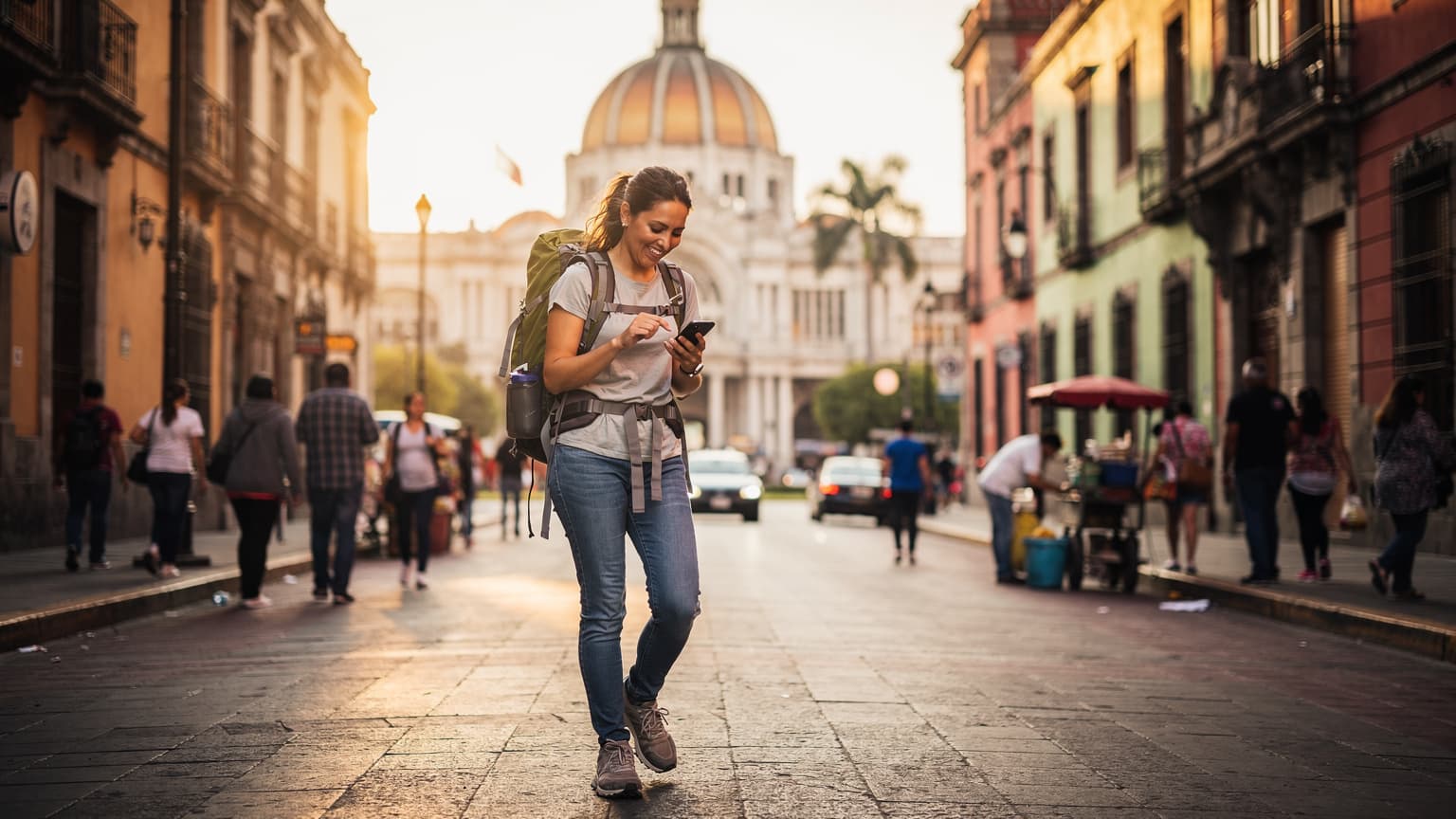 Uma jovem viajante, com uma mochila nas costas, sorri enquanto caminha por uma rua movimentada na Cidade do México, segurando o celular e verificando o mapa em uma mão e um café na outra, com o Palácio de Bellas Artes ao fundo.