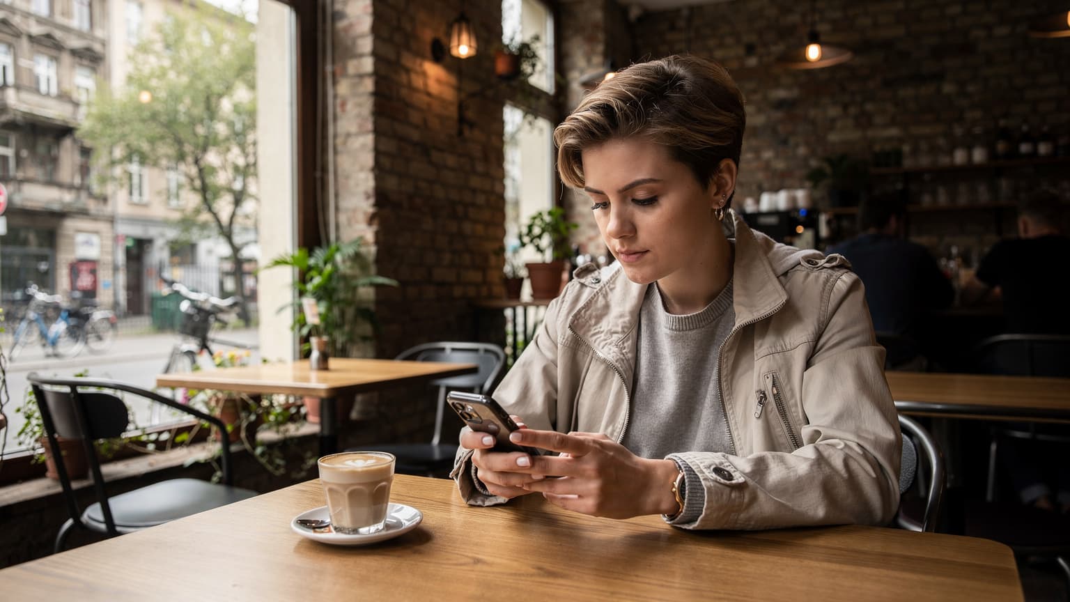 Eine junge Frau in einem Berliner Café, die ihr Smartphone in der Hand hält und eine eSIM einrichtet, während sie eine Tasse Kaffee trinkt.