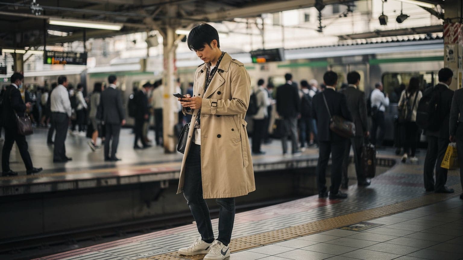 一位旅客在東京新宿站的月台上查看手機,陽光透過車站頂棚灑下,周圍是繁忙的通勤人流。