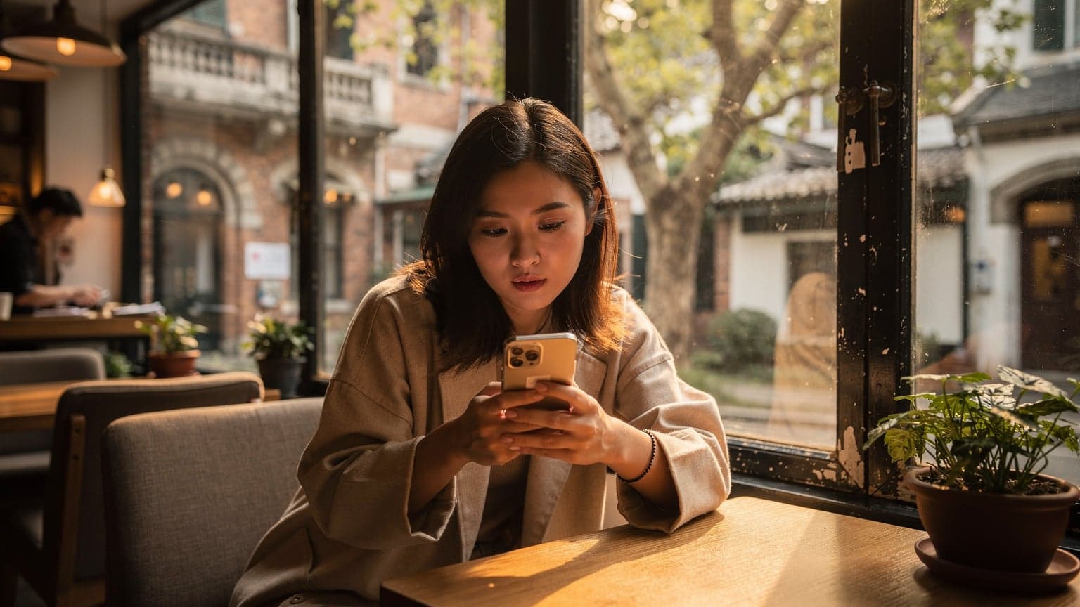 一位年輕女性在上海老城區一家咖啡館裡,她的 iPhone 屏幕上顯示 eSIM 設定介面,光線透過窗戶灑在她的臉上,營造出專注而溫馨的氛圍。